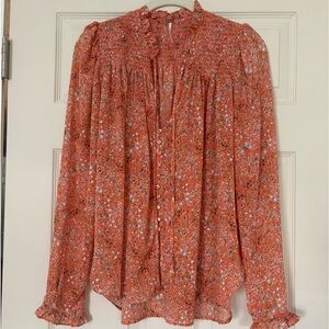 Free People Coral Orange Floral Smocked Yoke Blouse